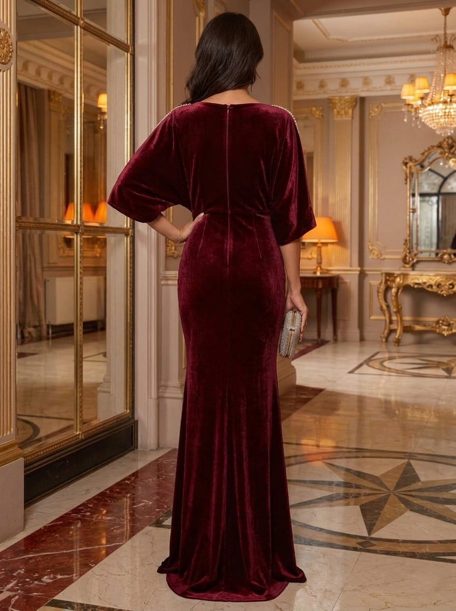 Sheath/Column V-Neck Velvet Evening Dresses Floor-Length Beading Half Sleeves Formal Dresses