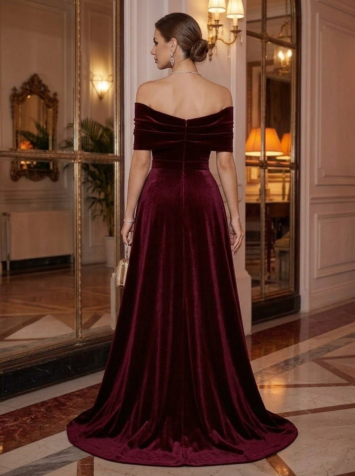 A-Line/Princess Off-the-Shoulder Velvet Evening Dresses with Overskirt Floor-Length Sequins Sleeveless Formal Dresses