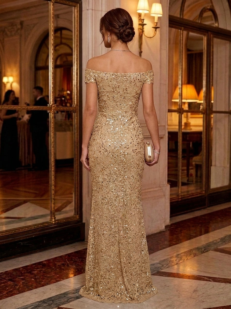 Sheath/Column Off-the-Shoulder Sequins Evening Dresses Floor-Length Sleeveless Formal Dresses
