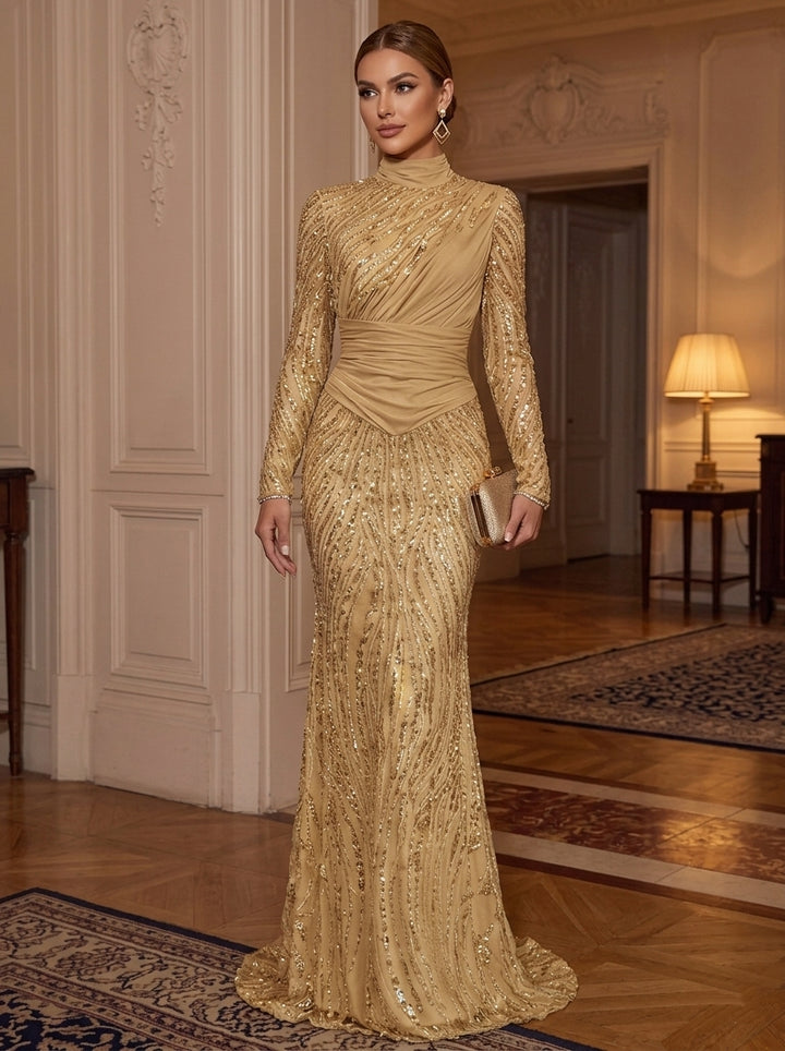 Sheath/Column Mock Neck Sequins Evening Dresses Floor-Length Long Sleeves Formal Dresses
