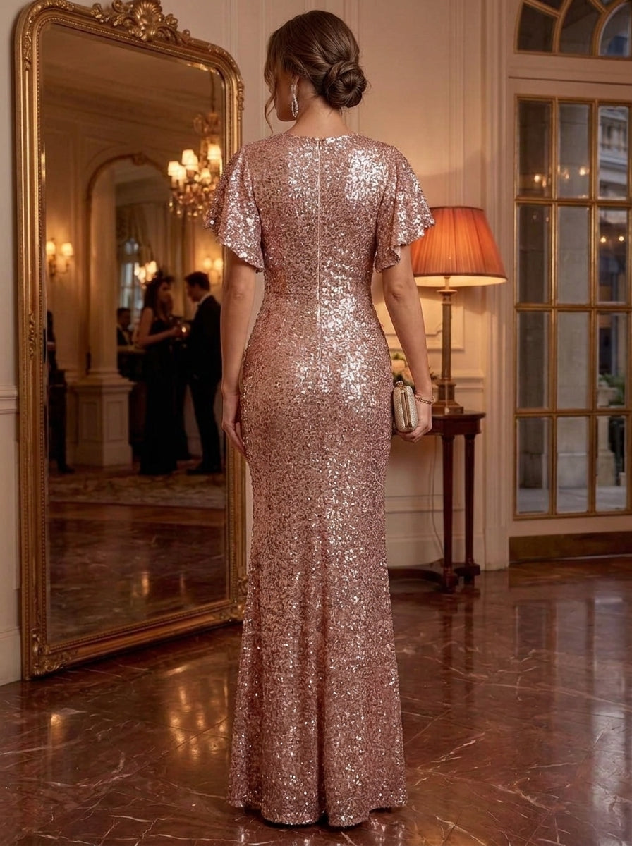 Sheath/Column Scoop Sequins Evening Dresses Floor-Length Short Sleeves Formal Dresses