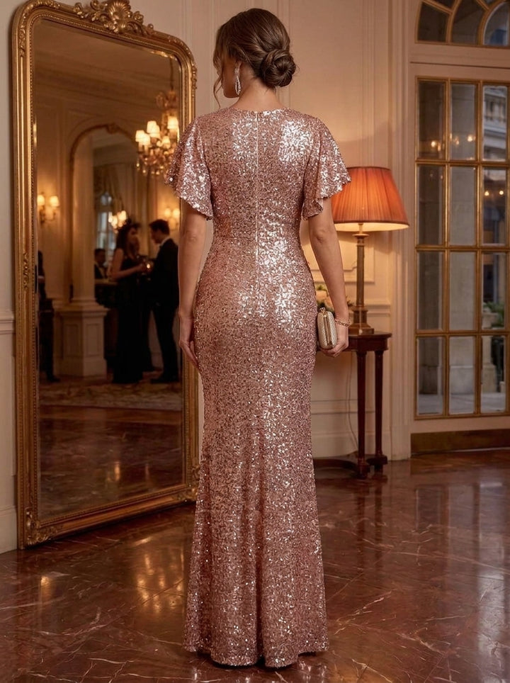 Sheath/Column Scoop Sequins Evening Dresses Floor-Length Short Sleeves Formal Dresses