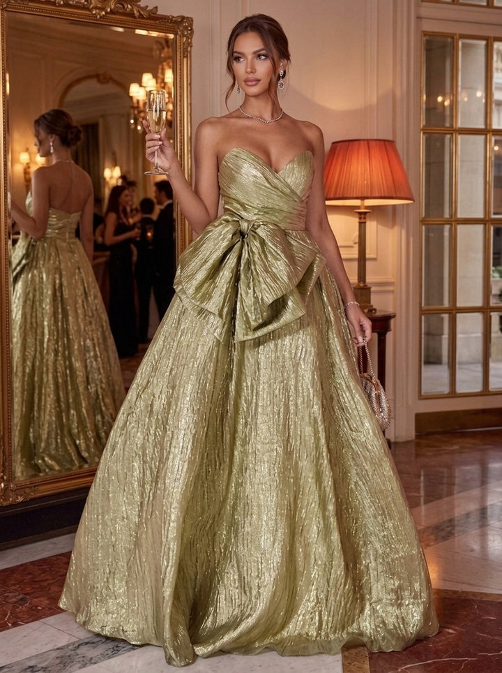 A-Line/Princess Strapless Metallic Evening Dresses with Bowknot Floor-Length Sleeveless Formal Dresses