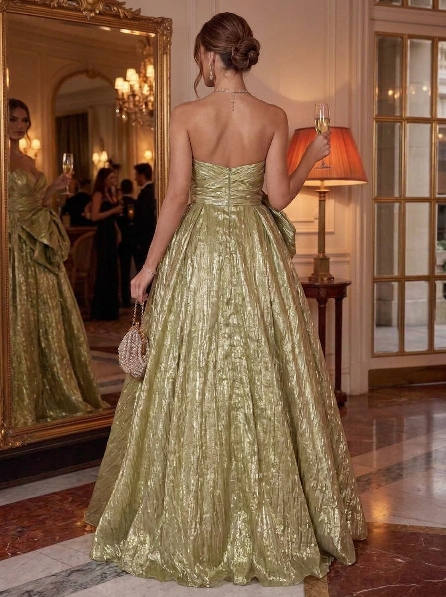 A-Line/Princess Strapless Metallic Evening Dresses with Bowknot Floor-Length Sleeveless Formal Dresses