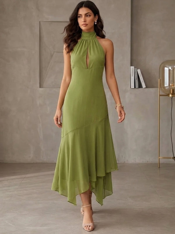 Sheath/Column Halter Chiffon Wedding Guest Dresses Ankle-Length Sleeveless Ruffles