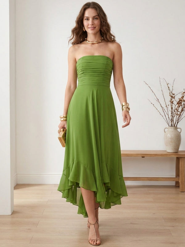 A-Line/Princess Strapless Chiffon Wedding Guest Dresses Ankle-Length Sleeveless Ruffles