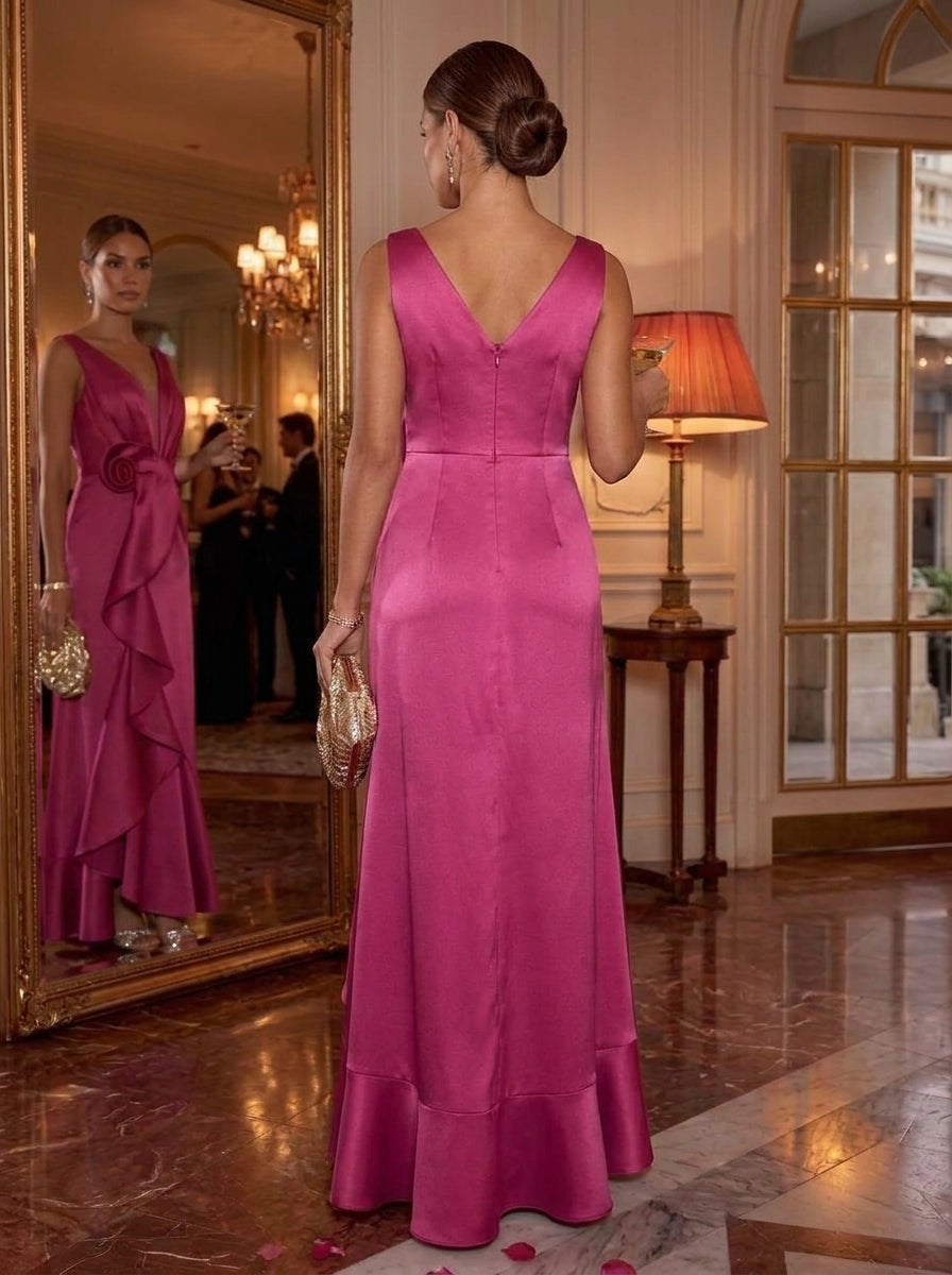 A-Line/Princess V-Neck Satin Cocktail Dresses with 3D Flowers Sleeveless Ruffles Floor-Length Party Dresses