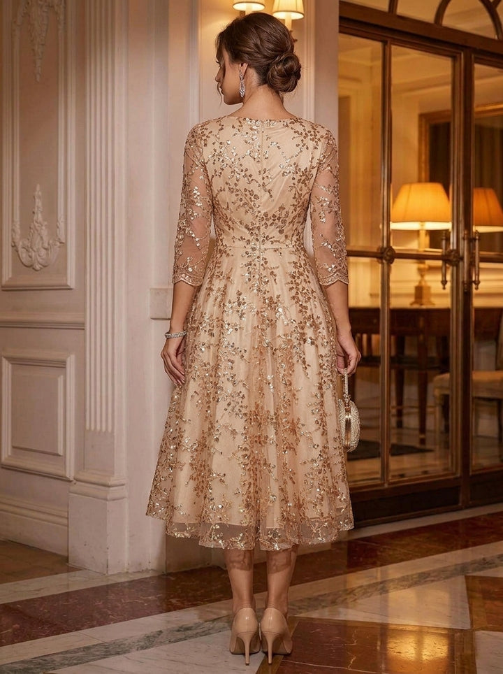 A-Line/Princess V-Neck Lace Sequins Cocktail Dresses 3/4 Sleeves Tea-Length Party Dresses