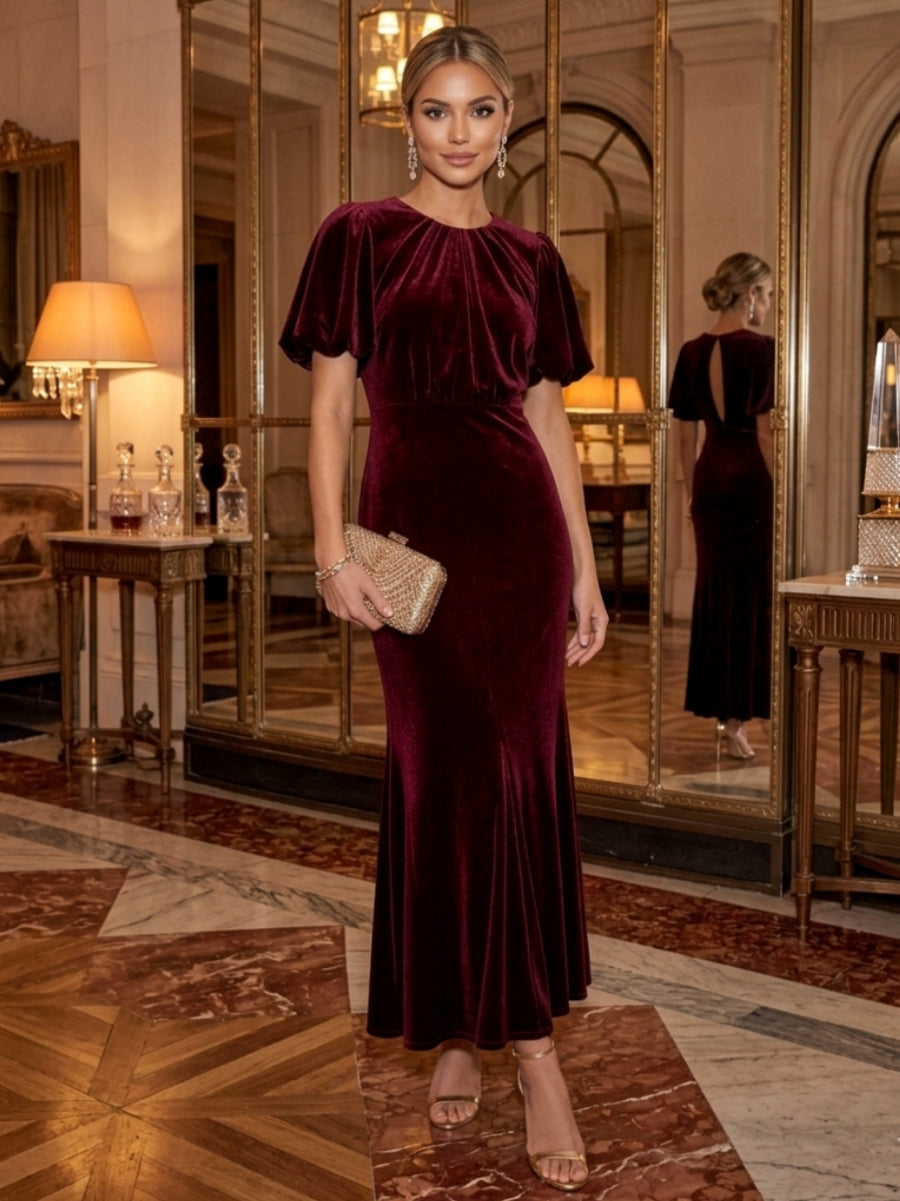 Sheath/Column Jewl Neck Velvet Cocktail Dresses Ruched Short Sleeves Ankle-Length Party Dresses