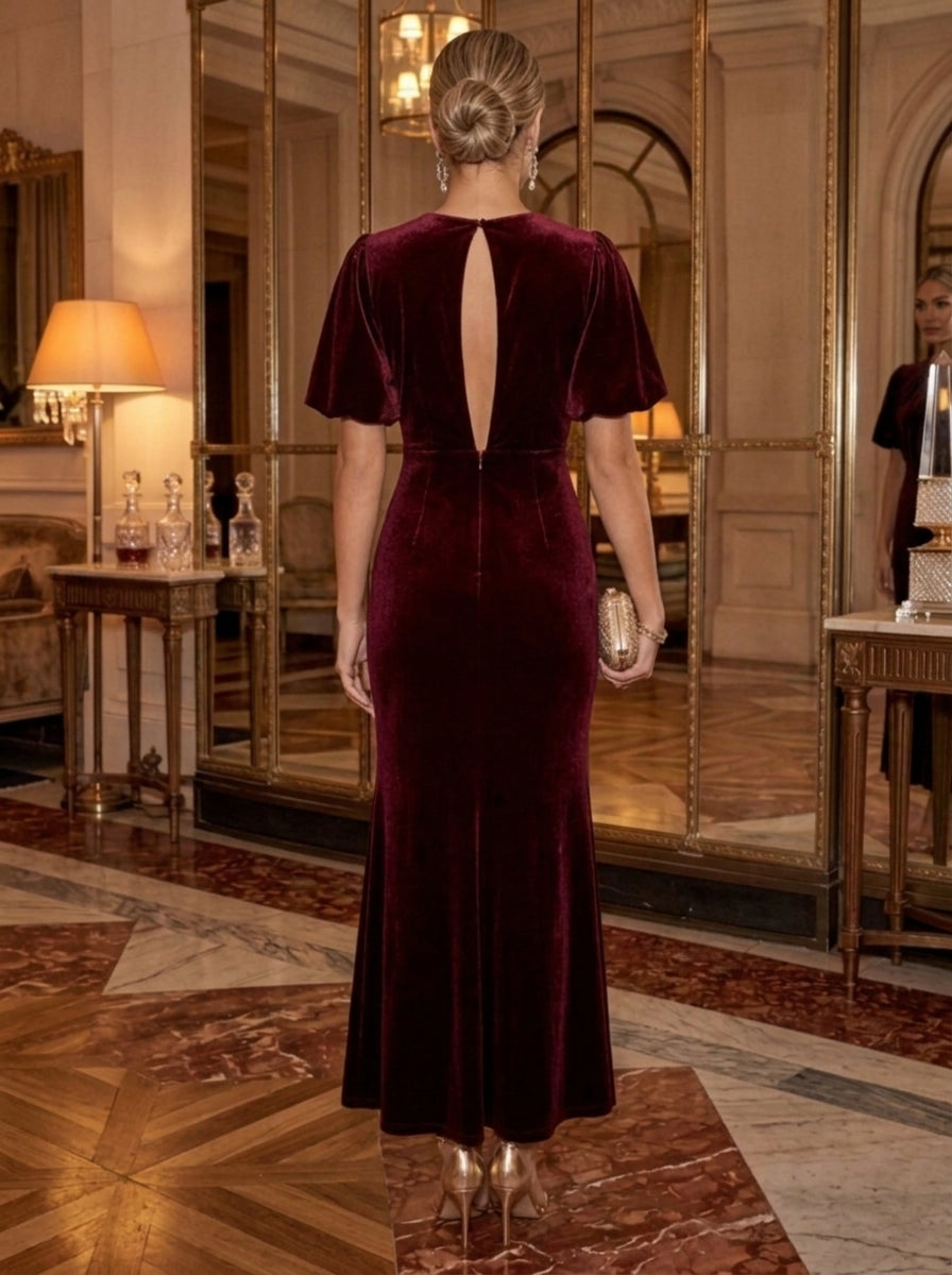 Sheath/Column Jewl Neck Velvet Cocktail Dresses Ruched Short Sleeves Ankle-Length Party Dresses