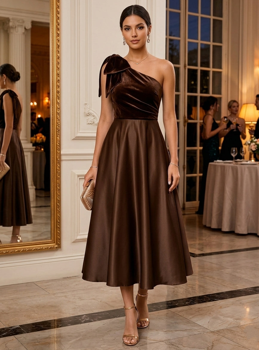 A-Line/Princess One-Shoulder Satin Cocktail Dresses Velvet Sleeveless Bowknot Tea-Length Party Dresses