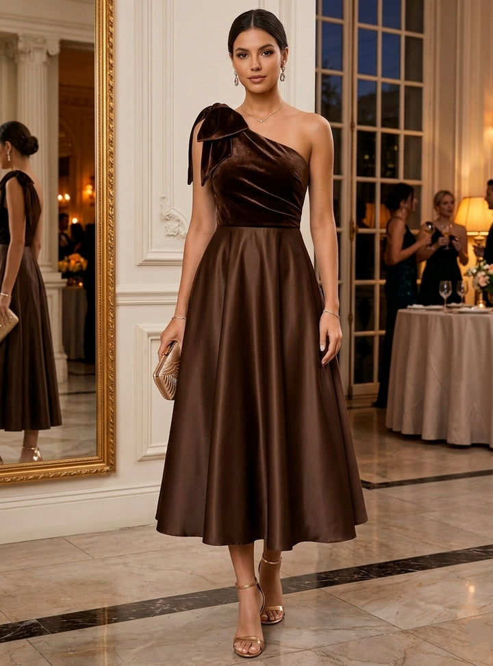 A-Line/Princess One-Shoulder Satin Cocktail Dresses Velvet Sleeveless Bowknot Tea-Length Party Dresses