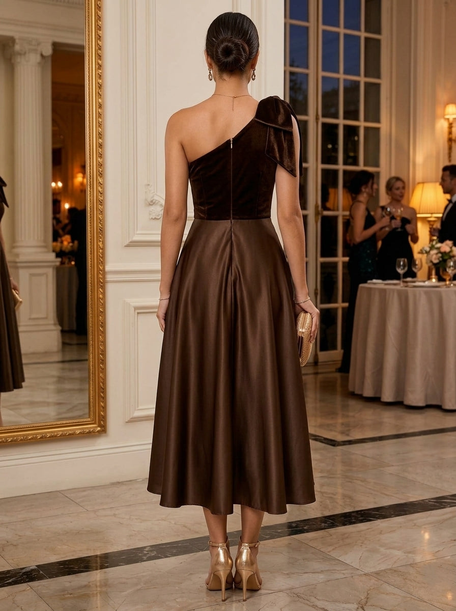 A-Line/Princess One-Shoulder Satin Cocktail Dresses Velvet Sleeveless Bowknot Tea-Length Party Dresses