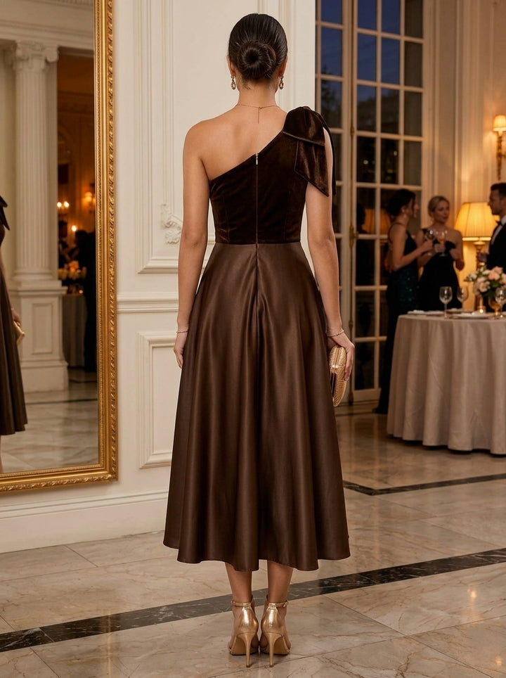 A-Line/Princess One-Shoulder Satin Cocktail Dresses Velvet Sleeveless Bowknot Tea-Length Party Dresses