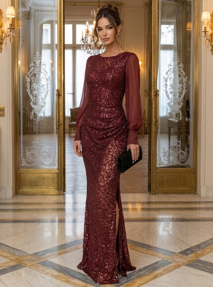 Sheath/Column Scoop Lace Sequins Evening Dresses with Split Side Floor-Length Long Sleeves Formal Dresses
