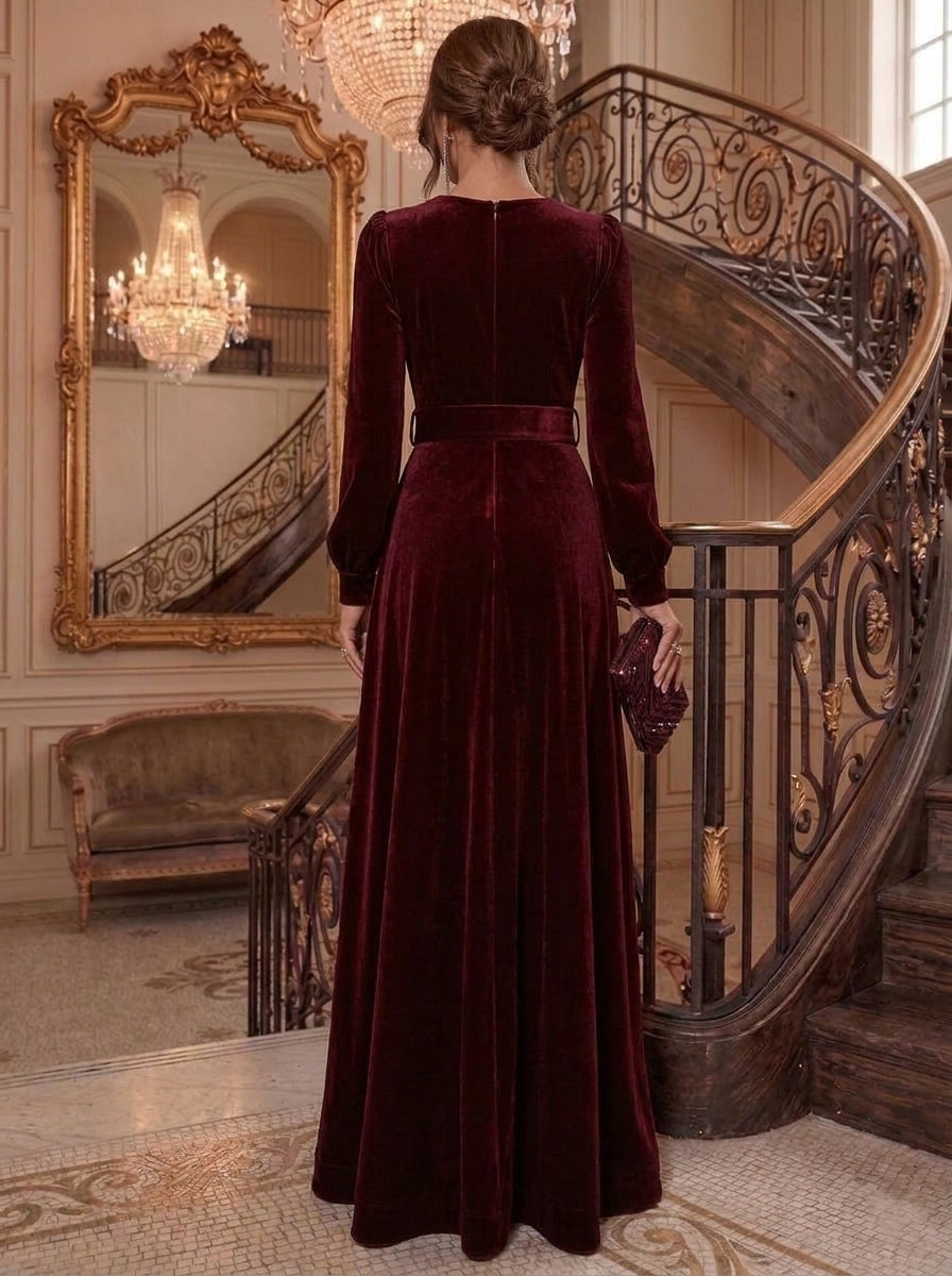 A-Line/Princess V-Neck Velvet Evening Dresses Floor-Length Long Sleeves Belt Formal Dresses