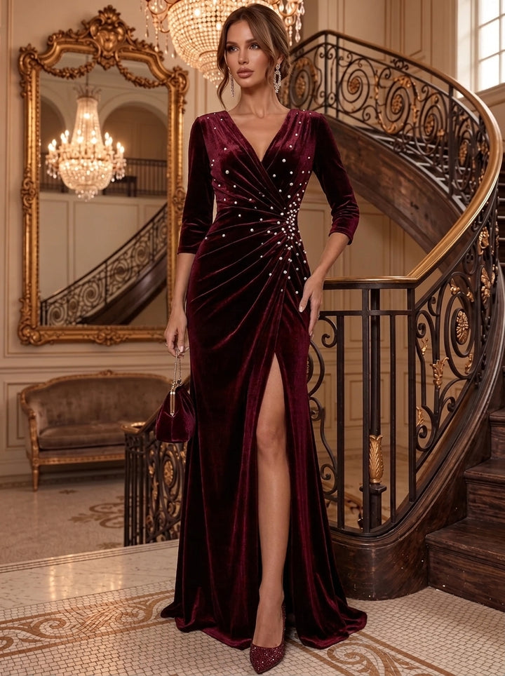 Sheath/Column V-Neck Velvet Evening Dresses with Split Side Faux Pearl Floor-Length 3/4 Sleeves Ruched  Formal Dresses