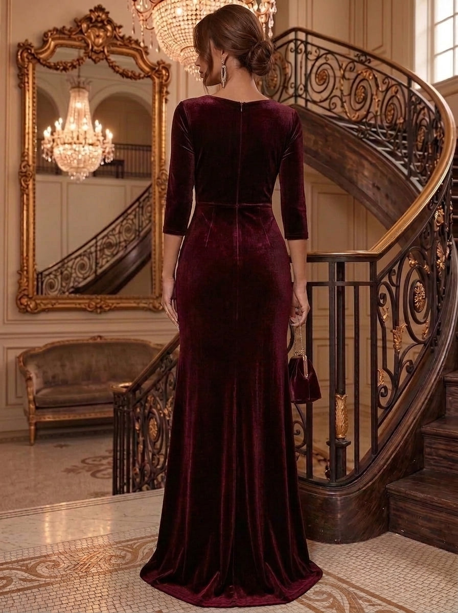 Sheath/Column V-Neck Velvet Evening Dresses with Split Side Faux Pearl Floor-Length 3/4 Sleeves Ruched  Formal Dresses
