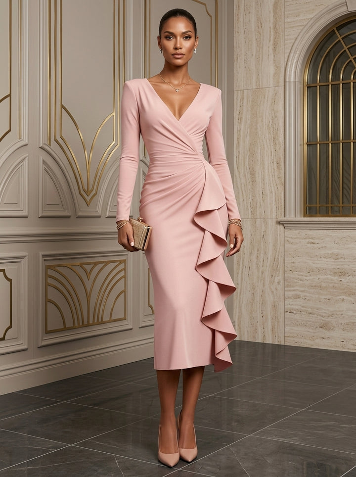 Sheath/Column V-Neck Stretch Satin Cocktail Dresses Long Sleeves Tea-Length Ruffles Party Dresses