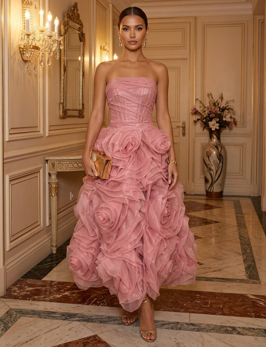A-Line/Princess Strapless Organza Cocktail Dresses 3D Flowers Sleeveless Ankle-Length Party Dresses