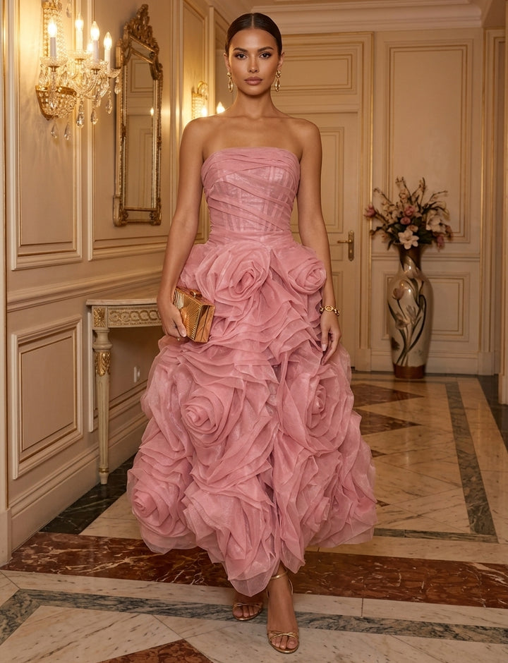 A-Line/Princess Strapless Organza Cocktail Dresses 3D Flowers Sleeveless Ankle-Length Party Dresses