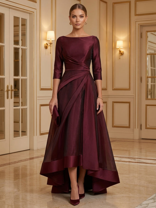 A-Line/Princess Scoop Satin Cocktail Dresses Organza 3/4 Sleeves Asymmetrical Floor-Length Party Dresses