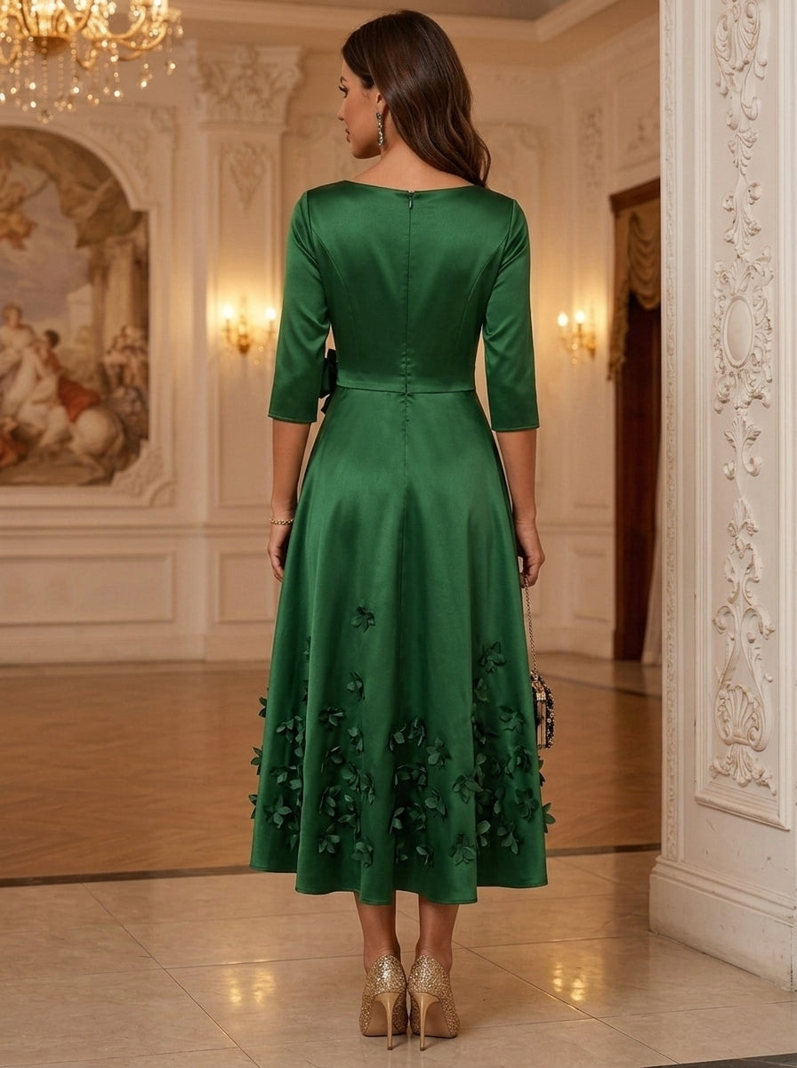 A-Line/Princess V-Neck Satin Cocktail Dresses with 3D Flowers 3/4 Sleeves Tea-Length Party Dresses
