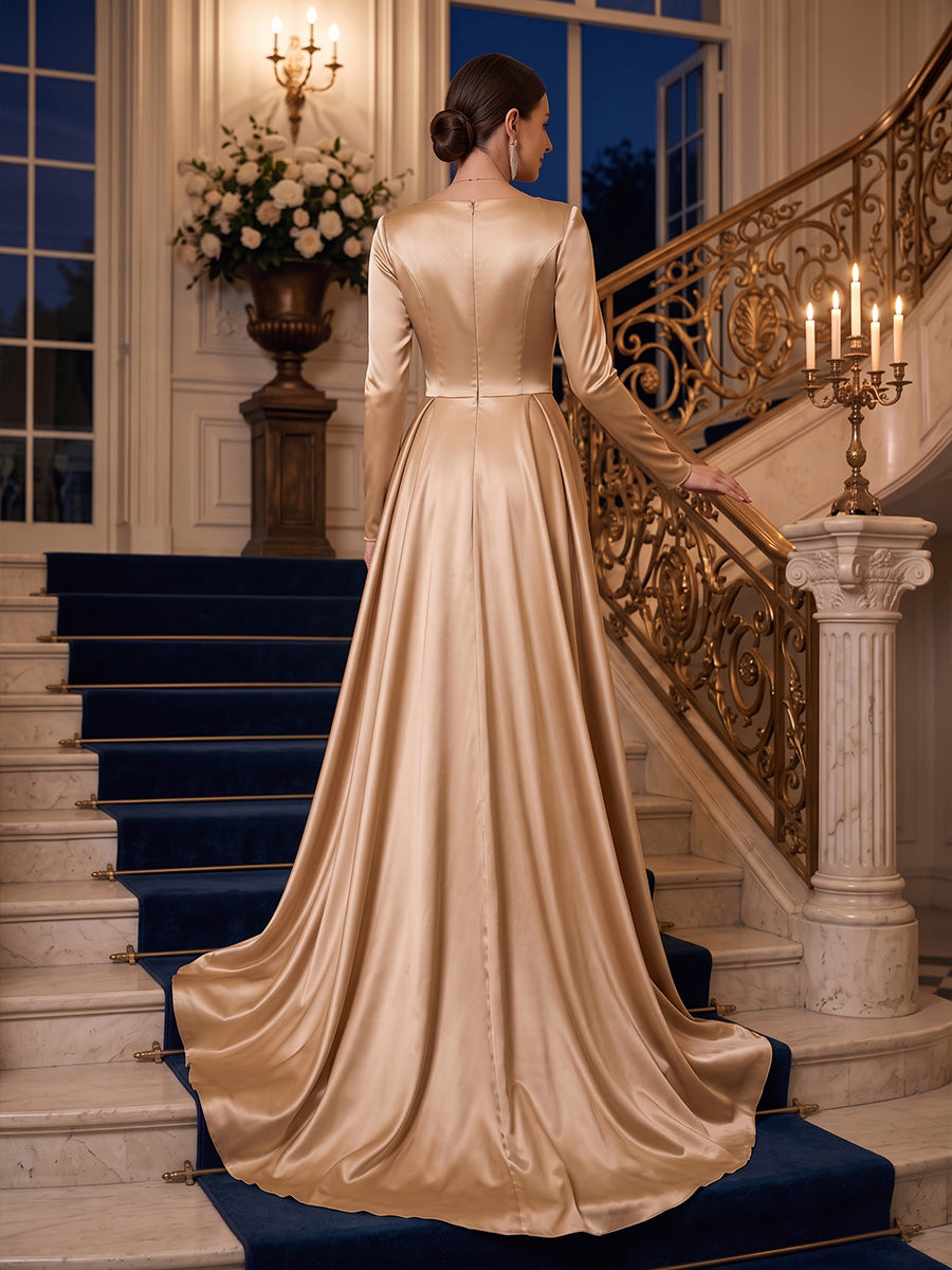 A-Line/Princess Square Collar Satin Evening Dresses with Overskirt Sequins Floor-Length Long Sleeves Formal Dresses