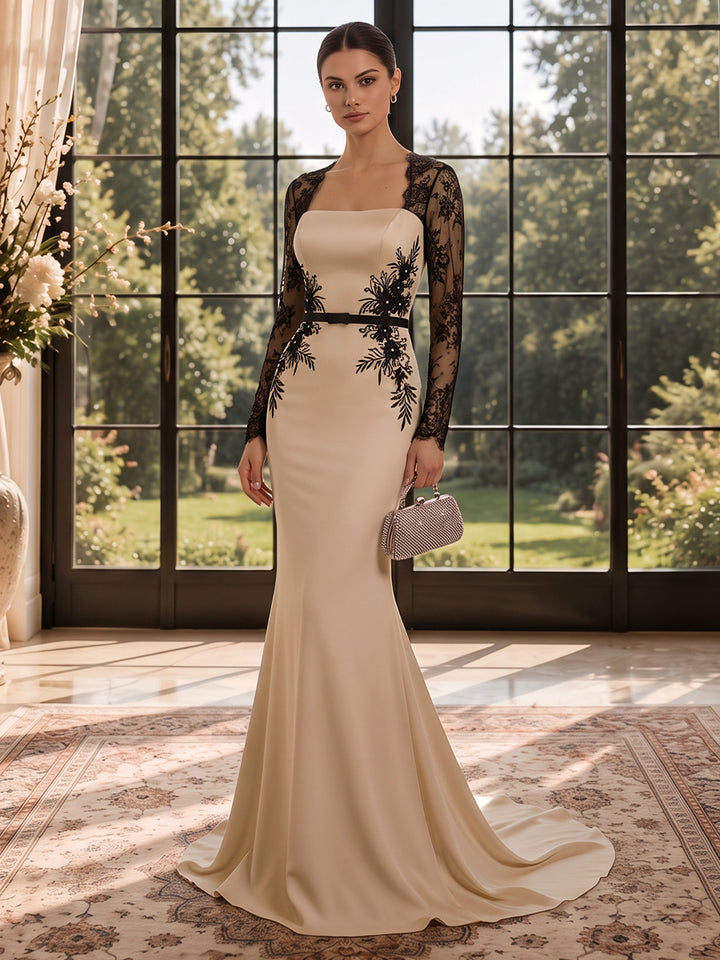 Trumpet/Mermaid Square Collar Satin Evening Dresses Floor-Length Lace Floral Long Sleeves Formal Dresses