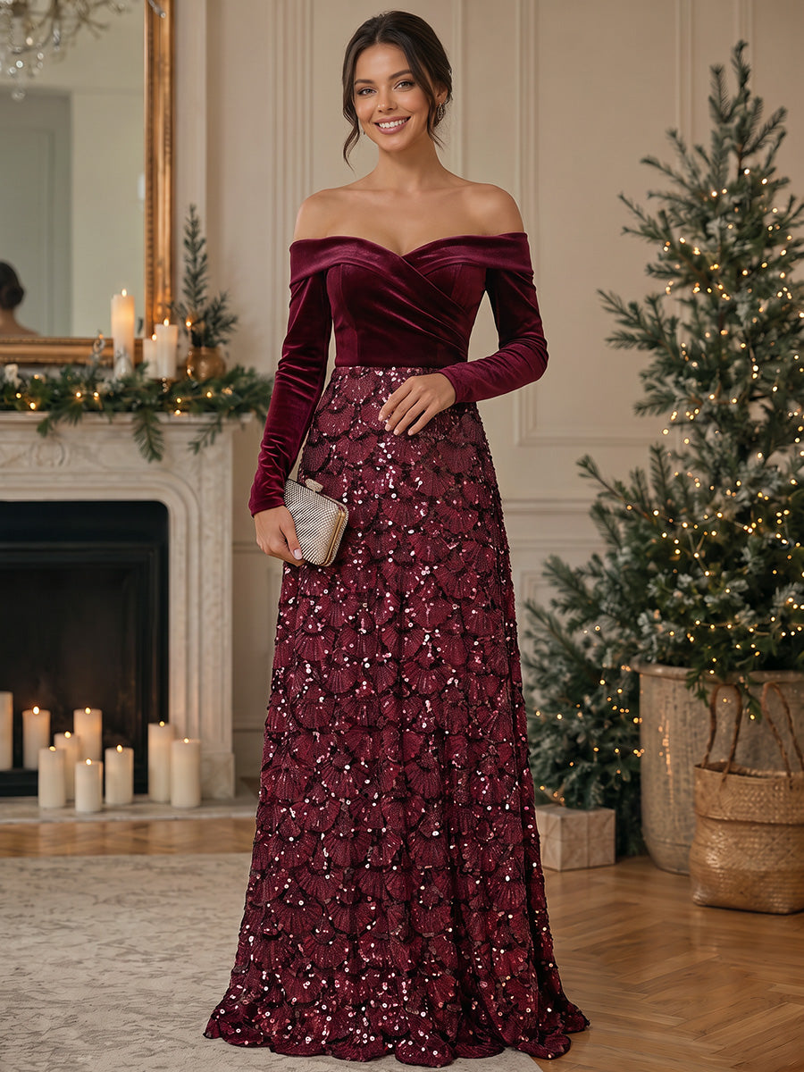 A-Line/Princess Off-the-Shoulder Velvet Evening Dresses Sequins Floor-Length Long Sleeves Formal Dresses