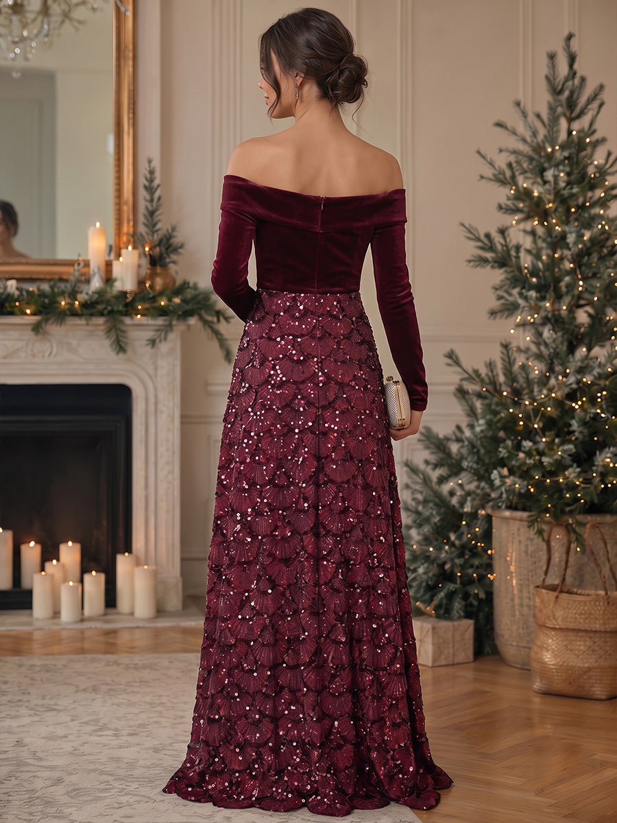 A-Line/Princess Off-the-Shoulder Velvet Evening Dresses Sequins Floor-Length Long Sleeves Formal Dresses