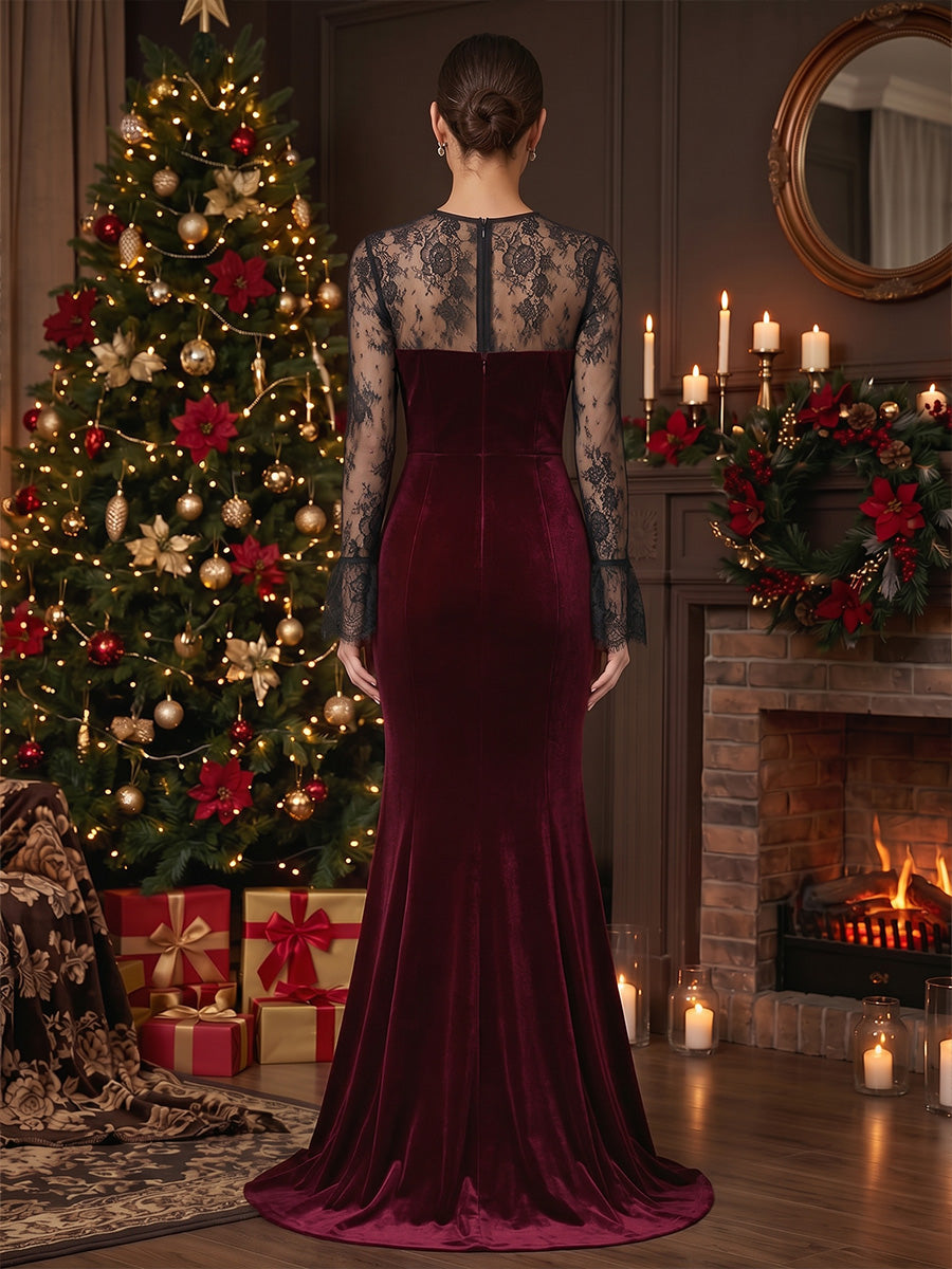 Trumpet/Mermaid Scoop Velvet Evening Dresses Floor-Length Lace Floral Long Sleeves Formal Dresses