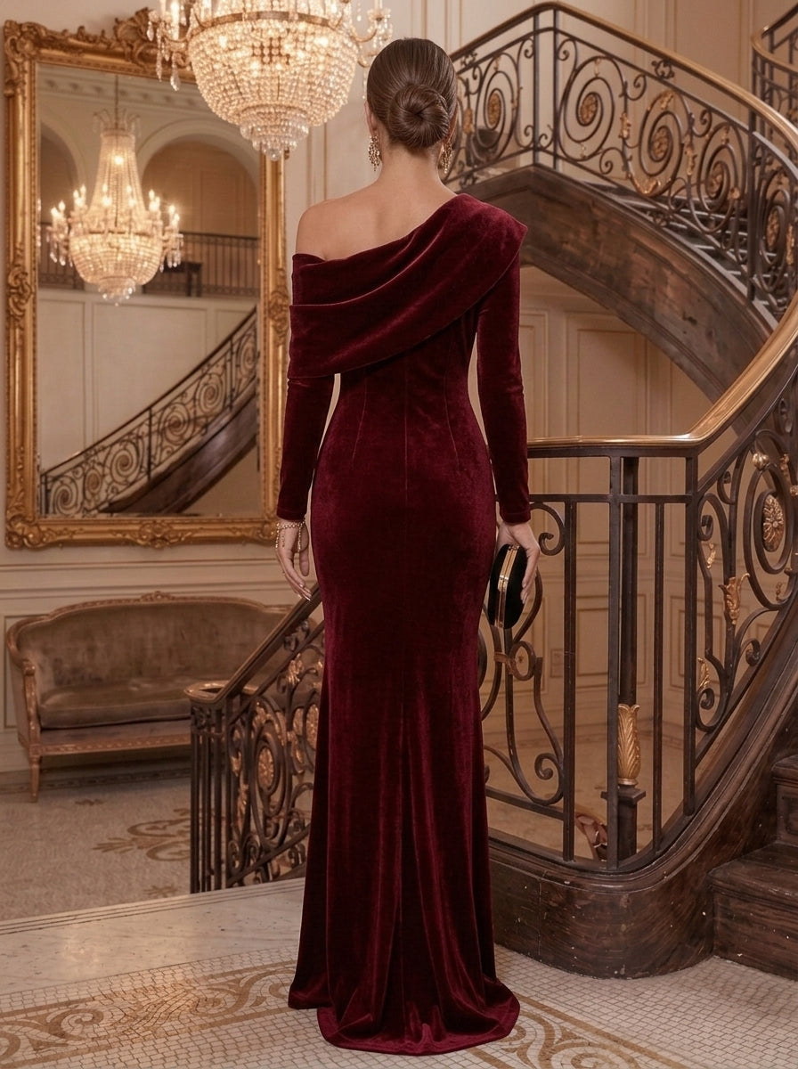 Sheath/Column One-Shoulder Velvet Evening Dresses with Split Side Floor-Length Long Sleeves Formal Dresses