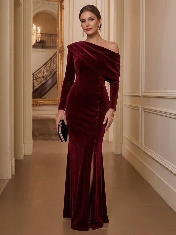 Sheath/Column One-Shoulder Velvet Evening Dresses with Split Side Floor-Length Long Sleeves Formal Dresses