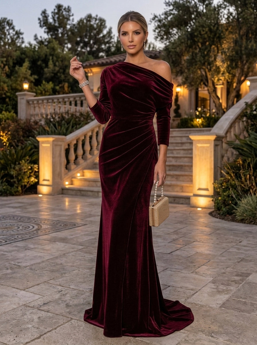 Trumpet/Mermaid One-Shoulder Velvet Evening Dresses Floor-Length 3/4 Sleeves Formal Dresses