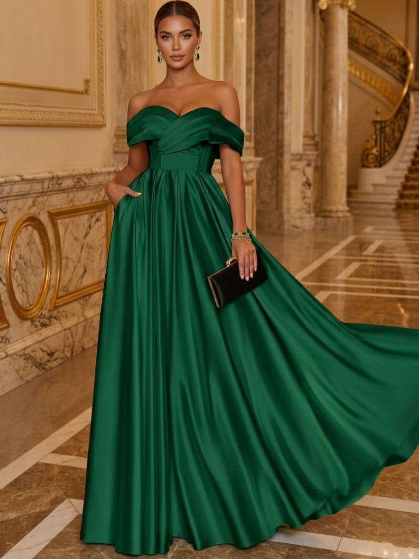 A-Line/Princess Off-the-Shoulder Satin Evening Dresses Floor-Length Sleeveless Ruched Formal Dresses