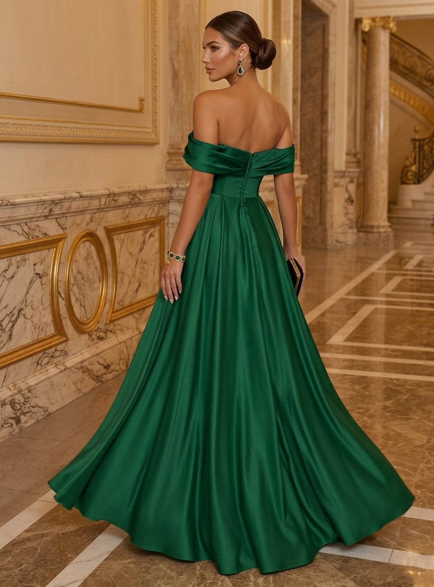 A-Line/Princess Off-the-Shoulder Satin Evening Dresses Floor-Length Sleeveless Ruched Formal Dresses