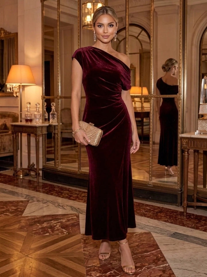Sheath/Column One-Shoulder Velvet Cocktail Dresses Short Sleeves Ankle-Length Party Dresses