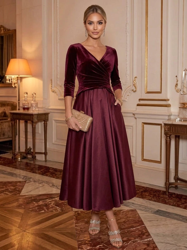 A-Line/Princess V-Neck Velvet Cocktail Dresses Satin 3/4 Sleeves Ankle-Length Ruched Party Dresses