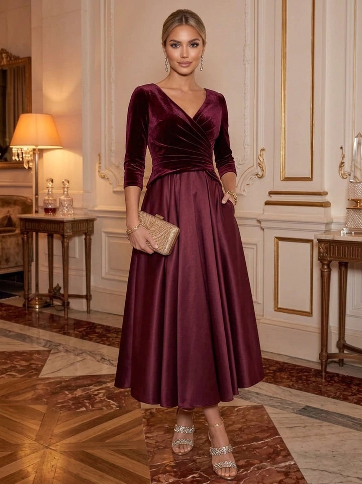 A-Line/Princess V-Neck Velvet Cocktail Dresses Satin 3/4 Sleeves Ankle-Length Ruched Party Dresses