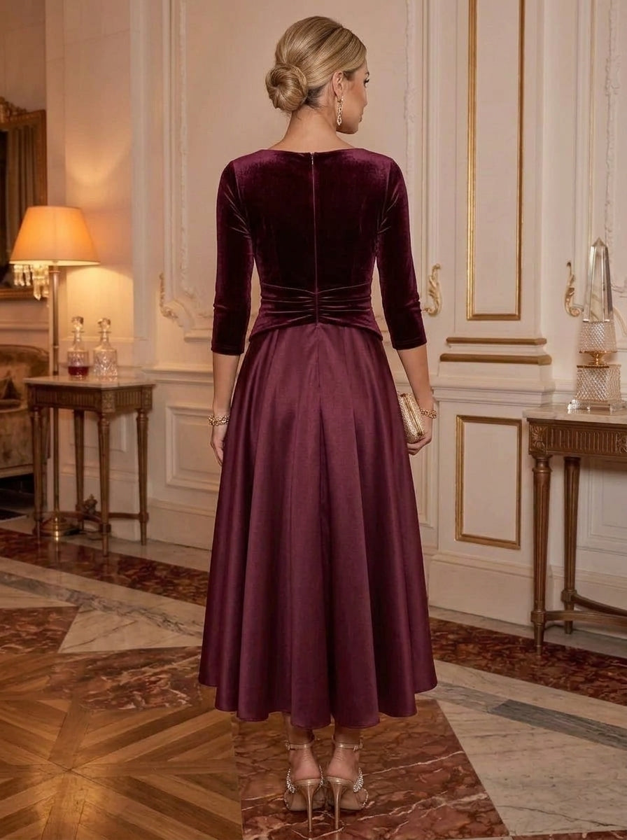 A-Line/Princess V-Neck Velvet Cocktail Dresses Satin 3/4 Sleeves Ankle-Length Ruched Party Dresses