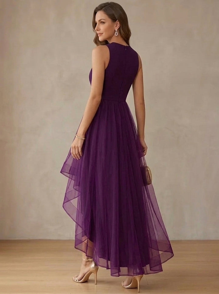 A-Line/Princess Jewel Neck Stretch Satin Cocktail Dresses Tulle Ruffles Sleeveless Asymmetrical Ankle-Length Party Dresses