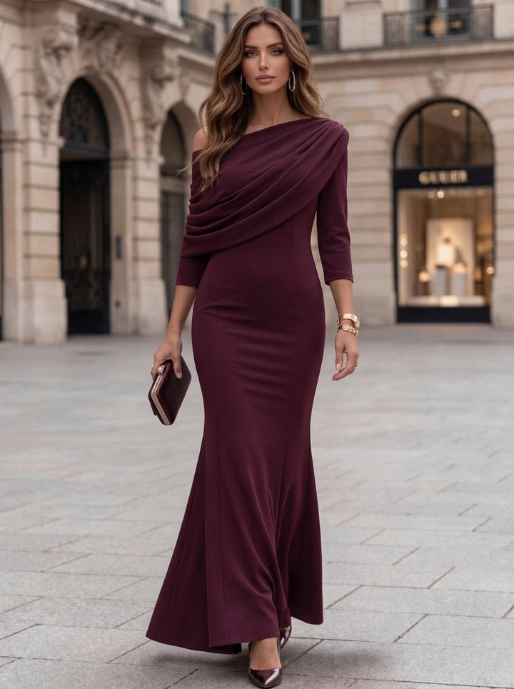 Trumpet/Mermaid One-Shoulder Stretch Satin Cocktail Dresses 3/4 Sleeves Ankle-Length Ruched Party Dresses