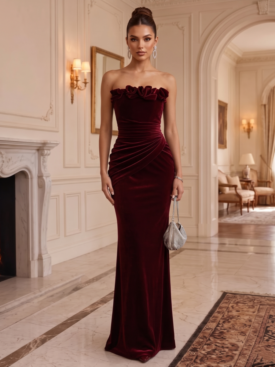 Sheath/Column Strapless Velvet Evening Dresses with 3D Flowers Floor-Length Sleeveless Ruched Formal Dresses