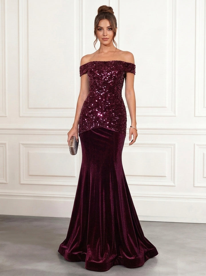 Trumpet/Mermaid Off-the-Shoulder Velvet Evening Dresses Sequins Floor-Length Sleeveless Formal Dresses
