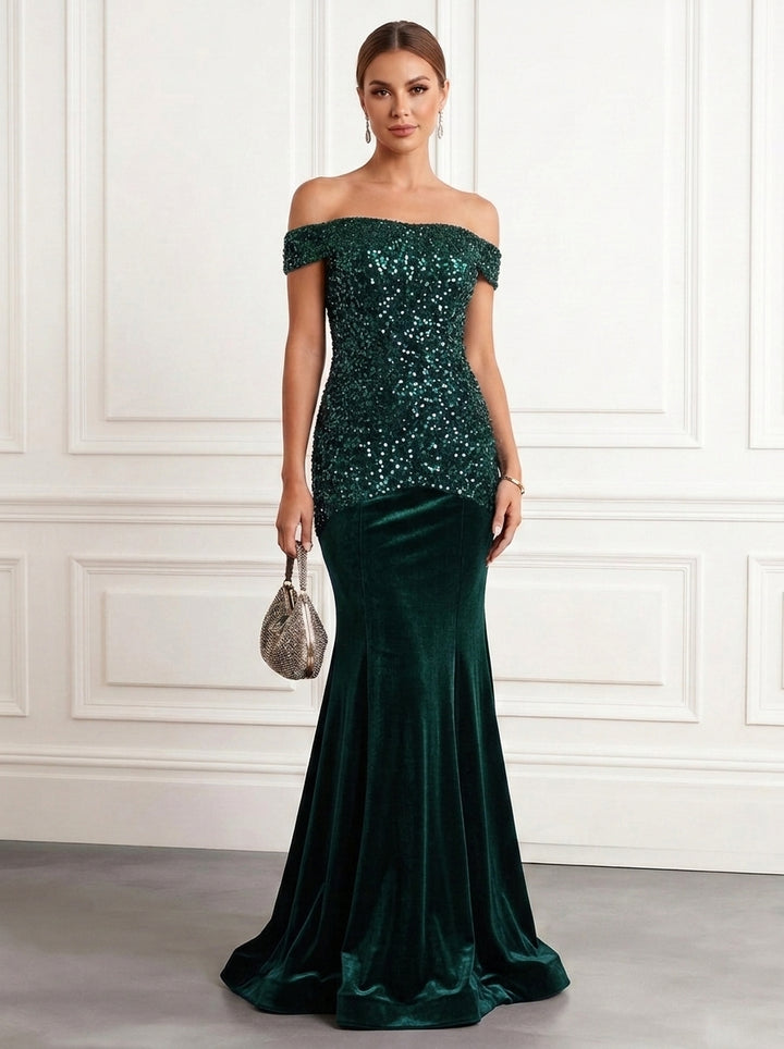 Trumpet/Mermaid Off-the-Shoulder Velvet Evening Dresses Sequins Floor-Length Sleeveless Formal Dresses