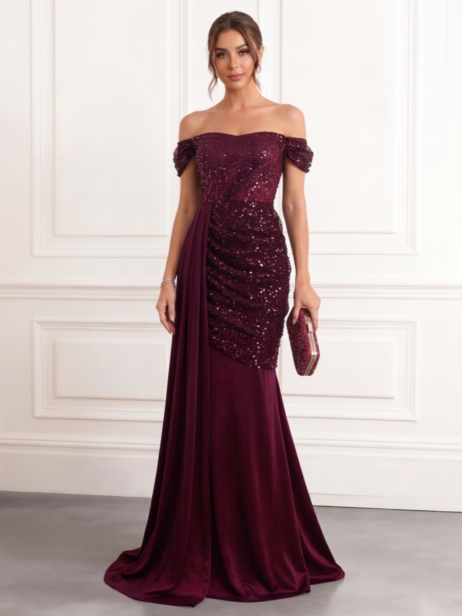 Trumpet/Mermaid Off-the-Shoulder Velvet Evening Dresses with Watteau Train Sequins Floor-Length Sleeveless Formal Dresses