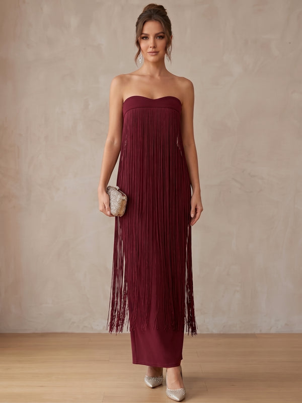 Sheath/Column Strapless Stretch Satin Cocktail Dresses Fringe Sleeveless Ankle-Length Tassels Party Dresses