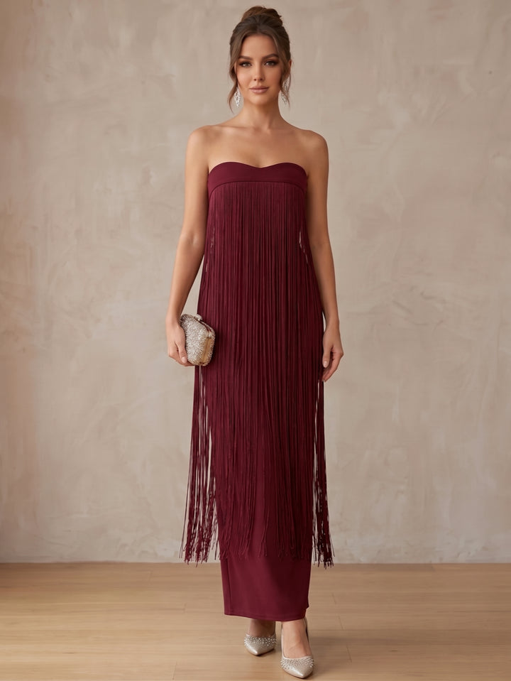 Sheath/Column Strapless Stretch Satin Cocktail Dresses Fringe Sleeveless Ankle-Length Tassels Party Dresses