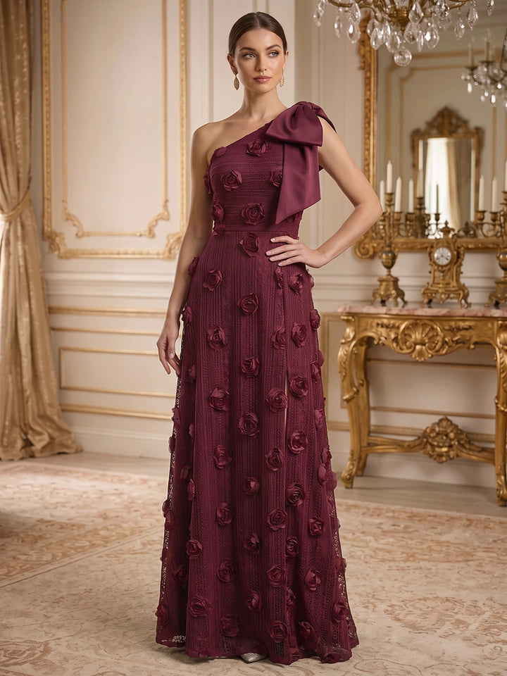 A-Line/Princess One-Shoulder Lace Evening Dresses with 3D Flowers Floor-Length Sleeveless Bowknot Formal Dresses